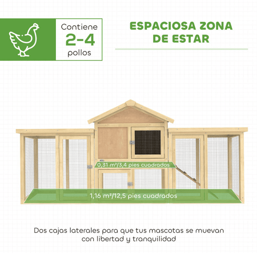 PawHut Galinheiro Grande para Exterior em Madeira 204x85x93 cm com Caixa de Ninho Cercado Bandeja Removível Teto Impermeável Rampa e Poleiro Madeira Natural