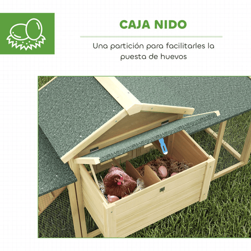 PawHut Galinheiro Grande para Exterior em Madeira 204x85x93 cm com Caixa de Ninho Cercado Bandeja Removível Teto Impermeável Rampa e Poleiro Madeira Natural