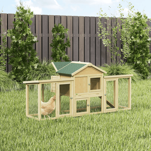 PawHut Galinheiro Grande para Exterior em Madeira 204x85x93 cm com Caixa de Ninho Cercado Bandeja Removível Teto Impermeável Rampa e Poleiro Madeira Natural