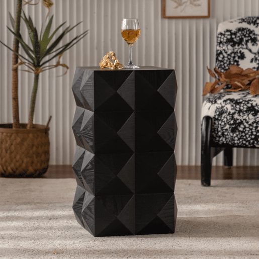 Mesa auxiliar 60 cm - Design retro com relevo tridimensional, mesa de cabeceira em madeira - Preto