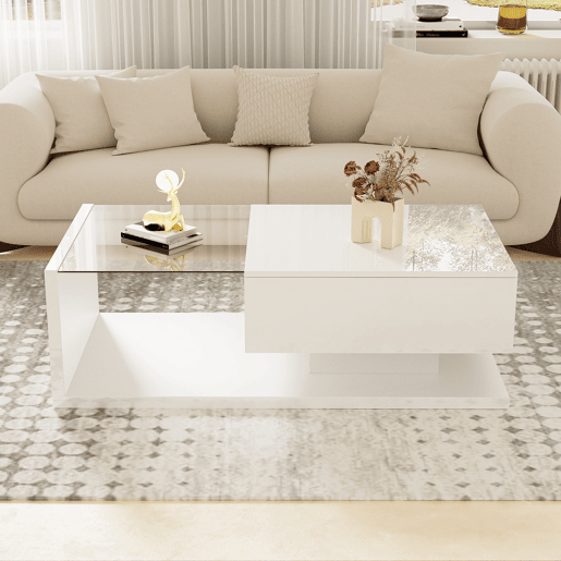 Mesa de centro 105x55x32,5 cm - Com vidro e efeito LED - Branco
