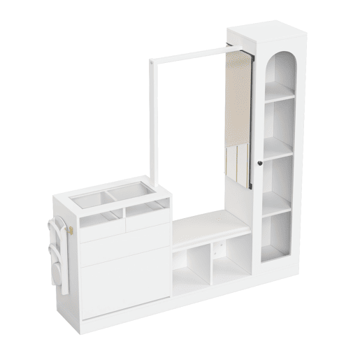 Móvel de entrada 6 em 1 - Sapateira, espelho, banco e cabide com luz LED - Branco