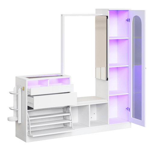 Móvel de entrada 6 em 1 - Sapateira, espelho, banco e cabide com luz LED - Branco