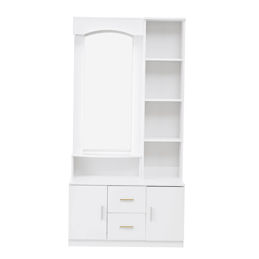 Móvel de entrada 90x40x180 cm - Multifuncional com arrumação, 2 gavetas, 2 armários, espelho - Branco