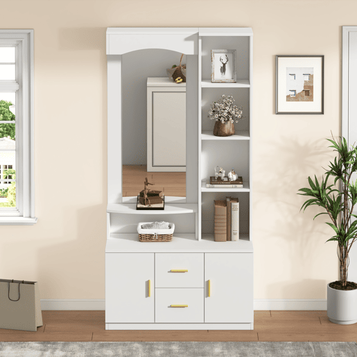 Móvel de entrada 90x40x180 cm - Multifuncional com arrumação, 2 gavetas, 2 armários, espelho - Branco