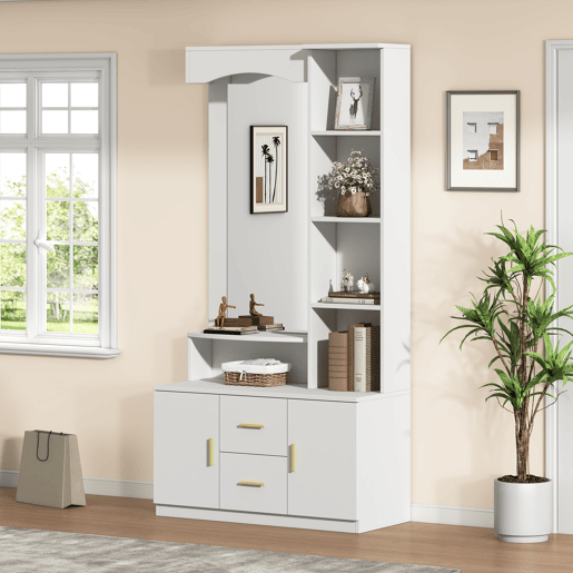 Móvel de entrada 90x40x180 cm - Multifuncional com arrumação, 2 gavetas, 2 armários, espelho - Branco