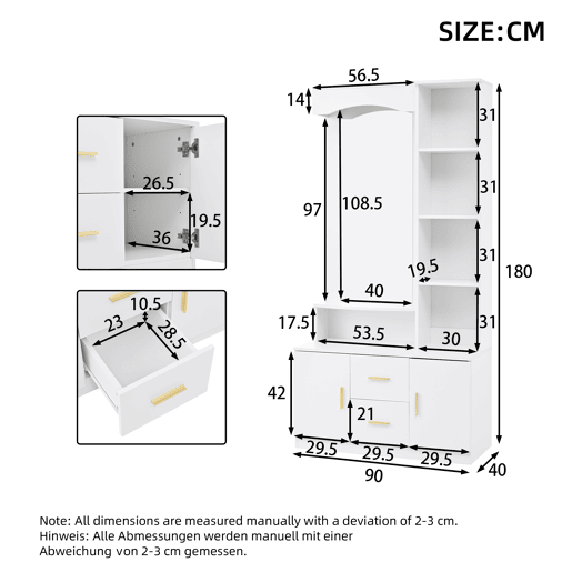 Móvel de entrada 90x40x180 cm - Multifuncional com arrumação, 2 gavetas, 2 armários, espelho - Branco