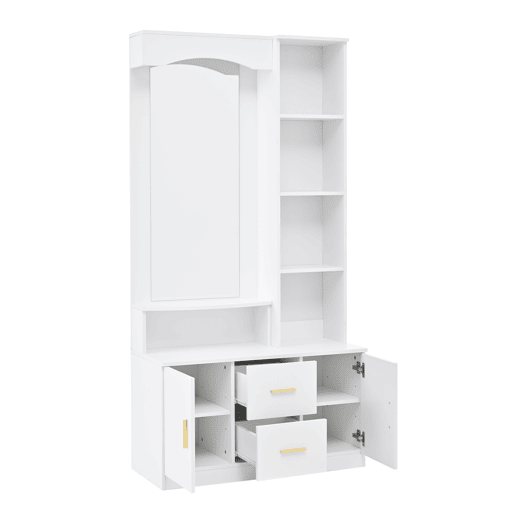 Móvel de entrada 90x40x180 cm - Multifuncional com arrumação, 2 gavetas, 2 armários, espelho - Branco