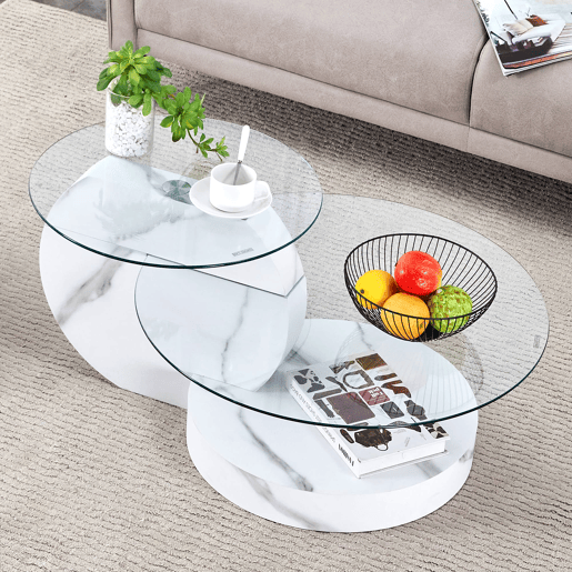 Mesa de centro com 2 níveis - design minimalista, vidro temperado, MDF branco mármore - TransparenteBranco