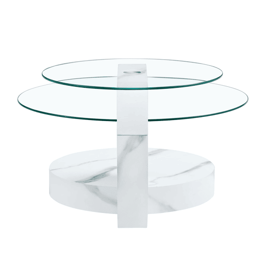 Mesa de centro com 2 níveis - design minimalista, vidro temperado, MDF branco mármore - TransparenteBranco