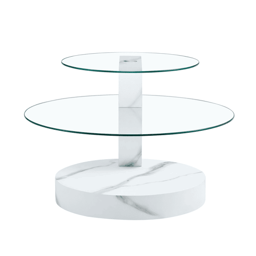 Mesa de centro com 2 níveis - design minimalista, vidro temperado, MDF branco mármore - TransparenteBranco