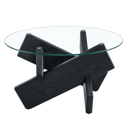 Mesa de centro redonda 79 cm - vidro temperado 0,8 cm, pernas MDF pretas - Preto, Transparente