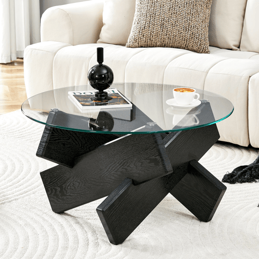 Mesa de centro redonda 79 cm - vidro temperado 0,8 cm, pernas MDF pretas - Preto, Transparente