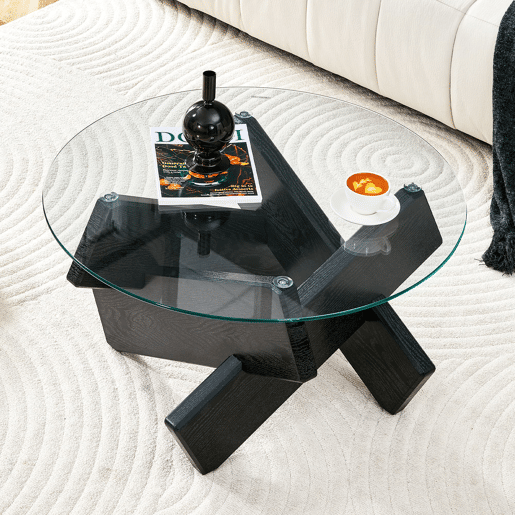 Mesa de centro redonda 79 cm - vidro temperado 0,8 cm, pernas MDF pretas - Preto, Transparente