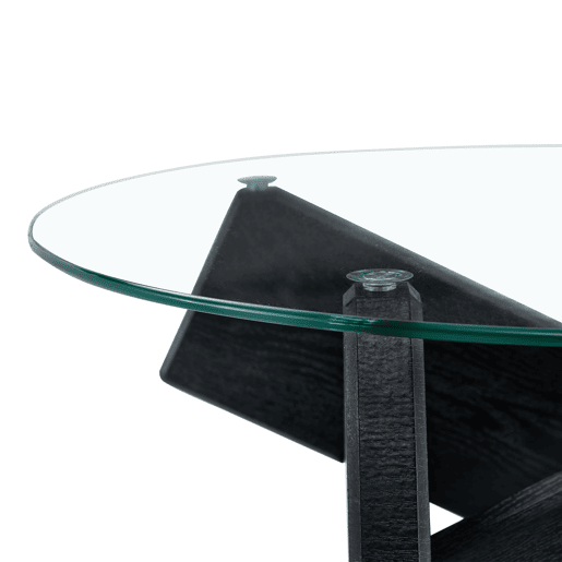 Mesa de centro redonda 79 cm - vidro temperado 0,8 cm, pernas MDF pretas - Preto, Transparente