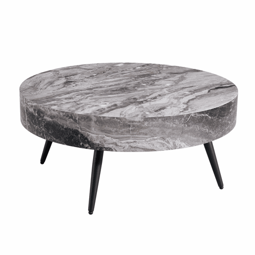 Mesa de café redonda 70 cm - design minimalista, tampo com efeito mármore cinza, pernas metálicas pretas - Cinza+Preto