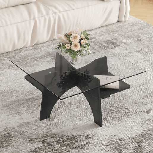 Mesa auxiliar quadrada 80 cm - Vidro temperado, pernas em MDF com efeito madeira - Preto