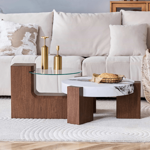 Conjunto de mesas de sala desmontáveis - MDF cor nogueira + vidro de segurança transparente de 0,6 cm - Combinável como mesa de café  Separado como duas mesas auxiliares - Cores: nogueira, branco