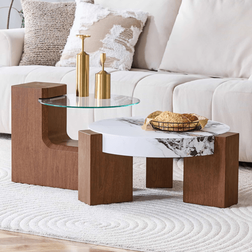 Conjunto de mesas de sala desmontáveis - MDF cor nogueira + vidro de segurança transparente de 0,6 cm - Combinável como mesa de café  Separado como duas mesas auxiliares - Cores: nogueira, branco