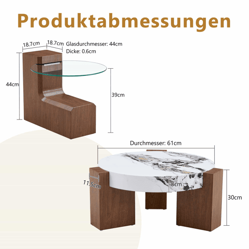 Conjunto de mesas de sala desmontáveis - MDF cor nogueira + vidro de segurança transparente de 0,6 cm - Combinável como mesa de café  Separado como duas mesas auxiliares - Cores: nogueira, branco