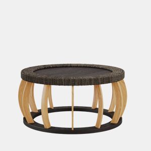 Mesa de centro redonda de 90 cm - rattan e madeira maciça, pernas curvas em estilo boho - preto e castanho
