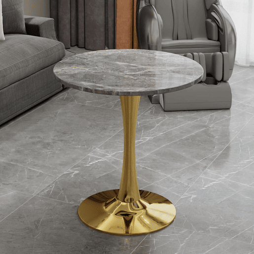Mesa de centro 70 cm - estilo mid-century, tampo redondo em mármore cinza escuro - dourado