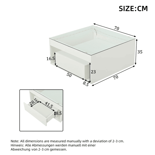Mesa de centro 70x70x35 cm - Mesa auxiliar com 2 gavetas, mesa de sala com design perfurado, vidro temperado com LED, Branco Mesa de centro 70x70x35 cm - Mesa auxiliar com 2 gavetas, mesa de sala com design perfurado, vidro temperado com LED, Branco