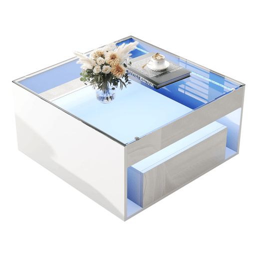Mesa de centro 70x70x35 cm - Mesa auxiliar com 2 gavetas, mesa de sala com design perfurado, vidro temperado com LED, Branco Mesa de centro 70x70x35 cm - Mesa auxiliar com 2 gavetas, mesa de sala com design perfurado, vidro temperado com LED, Branco