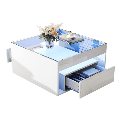 Mesa de centro 70x70x35 cm - Mesa auxiliar com 2 gavetas, mesa de sala com design perfurado, vidro temperado com LED, Branco Mesa de centro 70x70x35 cm - Mesa auxiliar com 2 gavetas, mesa de sala com design perfurado, vidro temperado com LED, Branco