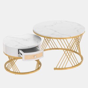 Mesa de centro 2 em 1 70x70+50x50 cm - MDF, tampo em mármore, gavetas em rattan plástico, puxadores em madeira, pernas em ferro dourado - Branco
