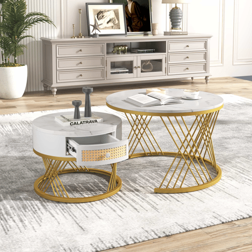 Mesa de centro 2 em 1 70x70+50x50 cm - MDF, tampo em mármore, gavetas em rattan plástico, puxadores em madeira, pernas em ferro dourado - Branco