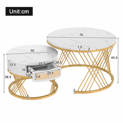 Mesa de centro 2 em 1 70x70+50x50 cm - MDF, tampo em mármore, gavetas em rattan plástico, puxadores em madeira, pernas em ferro dourado - Branco