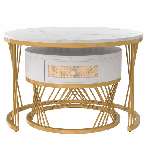 Mesa de centro 2 em 1 70x70+50x50 cm - MDF, tampo em mármore, gavetas em rattan plástico, puxadores em madeira, pernas em ferro dourado - Branco