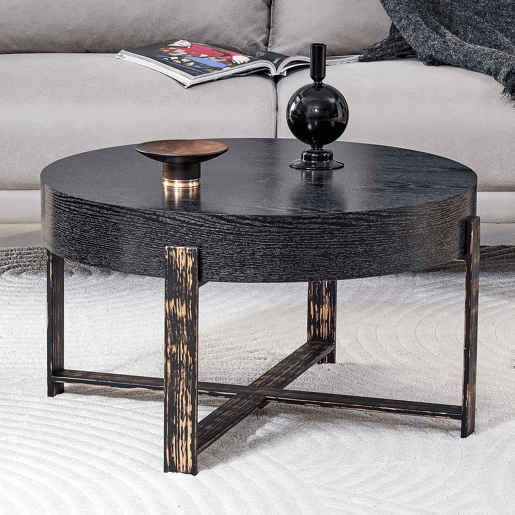 Mesa auxiliar redonda Ø68 cm - design moderno com base metálica cruzada - preta