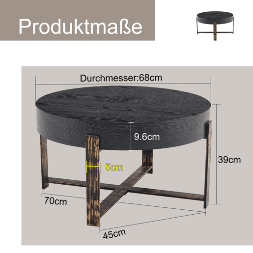 Mesa auxiliar redonda Ø68 cm - design moderno com base metálica cruzada - preta