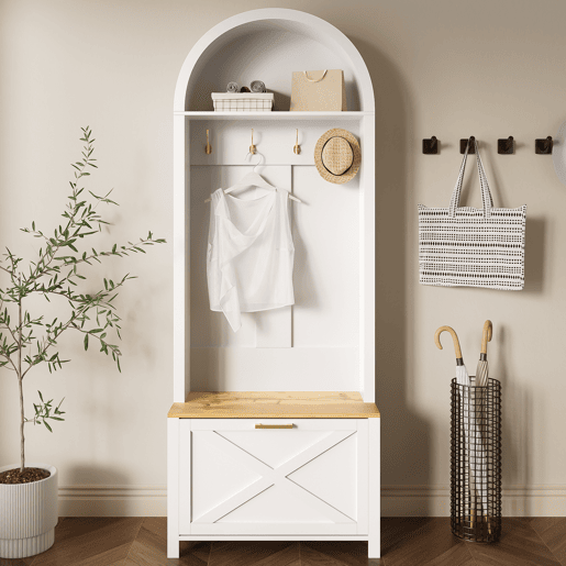 Móvel multifuncional para hall de entrada 75 L x 35 P x 195 A - Prateleira para sapatos, ganchos, design moderno - Branco, Madeira