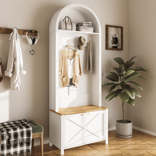 Móvel multifuncional para hall de entrada 75 L x 35 P x 195 A - Prateleira para sapatos, ganchos, design moderno - Branco, Madeira