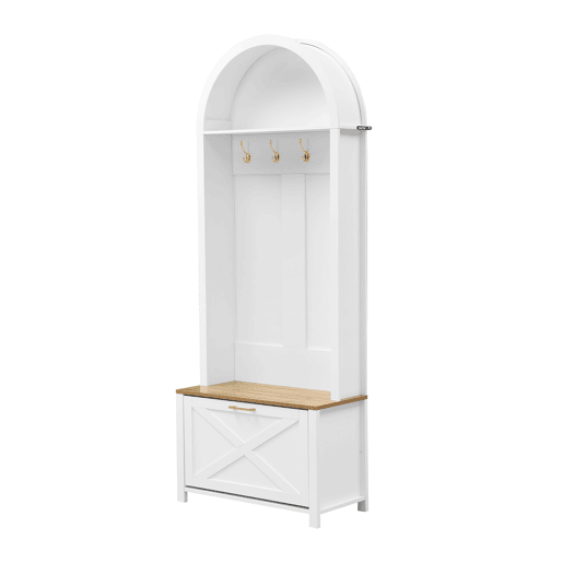 Móvel multifuncional para hall de entrada 75 L x 35 P x 195 A - Prateleira para sapatos, ganchos, design moderno - Branco, Madeira