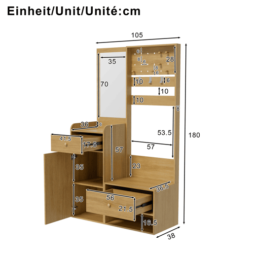 Móvel compacto para hall de entrada 105 cm - Armazenamento com espelho, ganchos ajustáveis e prateleiras - Madeira
