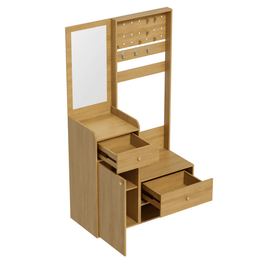 Móvel compacto para hall de entrada 105 cm - Armazenamento com espelho, ganchos ajustáveis e prateleiras - Madeira