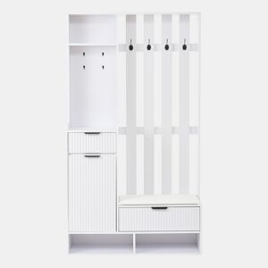 Móvel de entrada 100x30x180 cm - 6 em 1, 8 ganchos, sapateira, prateleiras, com proteção anti-capotamento - Branco