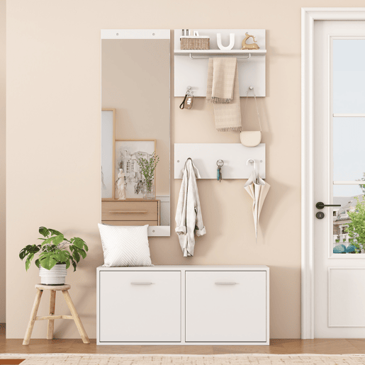 Móvel de entrada 90x30x41,5 cm - 4 peças, com espelho, 2 prateleiras para chapéus e sapateira - Branco Móvel de entrada 90x30x41,5 cm - 4 peças, com espelho, 2 prateleiras para chapéus e sapateira - Branco