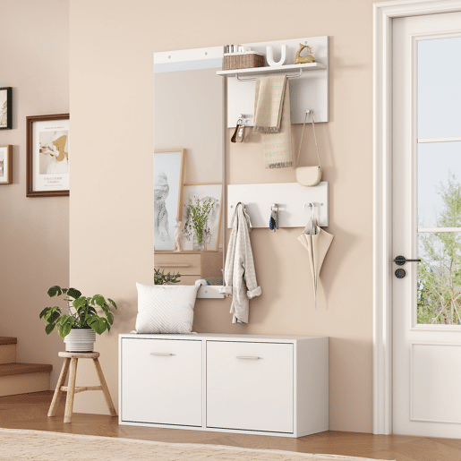 Móvel de entrada 90x30x41,5 cm - 4 peças, com espelho, 2 prateleiras para chapéus e sapateira - Branco Móvel de entrada 90x30x41,5 cm - 4 peças, com espelho, 2 prateleiras para chapéus e sapateira - Branco