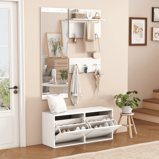 Móvel de entrada 90x30x41,5 cm - 4 peças, com espelho, 2 prateleiras para chapéus e sapateira - Branco Móvel de entrada 90x30x41,5 cm - 4 peças, com espelho, 2 prateleiras para chapéus e sapateira - Branco