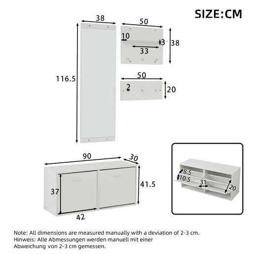 Móvel de entrada 90x30x41,5 cm - 4 peças, com espelho, 2 prateleiras para chapéus e sapateira - Branco Móvel de entrada 90x30x41,5 cm - 4 peças, com espelho, 2 prateleiras para chapéus e sapateira - Branco