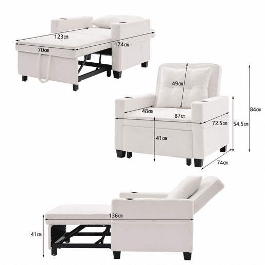 Sofá-cama de 1 lugar - 3 em 1, com porta-copos e porta USB, sofá reclinável e poltrona - Branco