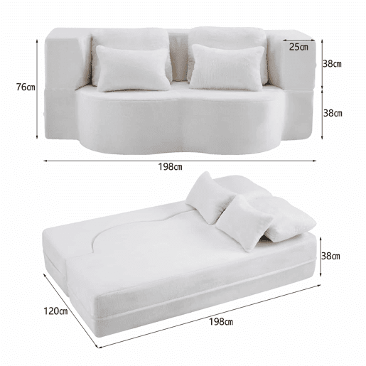 Sofá-cama de 2 lugares - moderno, com 4 almofadas e colchão dobrável de espuma de alta densidade - branco