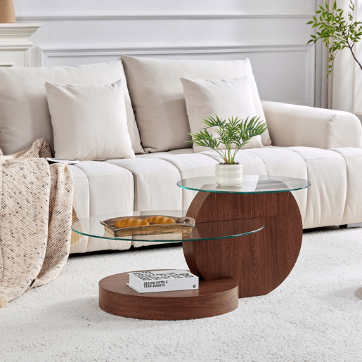 Mesa de centro - vidro de segurança de 2 níveis, design minimalista, MDF veado - TransparenteNogueira