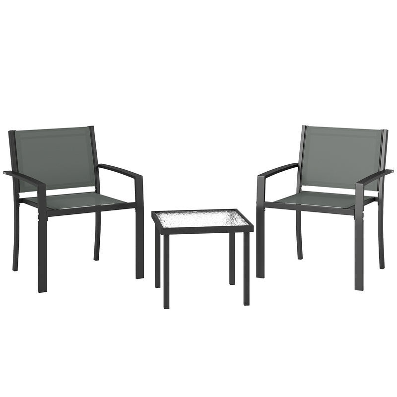 Outsunny conjunto de mesa y sillas de terraza exterior 3 piezas, muebles de jardín exterior con 2 sillas anchas de textilene, mesa de vidrio templado, para patio, balcón, gris claro