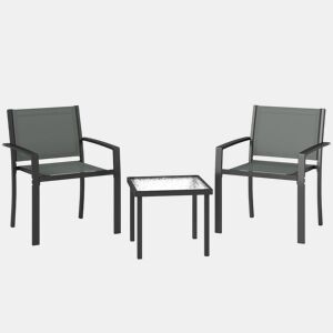 Outsunny Conjunto de Mesa e Cadeiras de Terraço com 3 Peças Móveis de Jardim com 2 Cadeiras de Textilene e Mesa de Vidro Temperado para Pátio Varanda Cinzento Claro